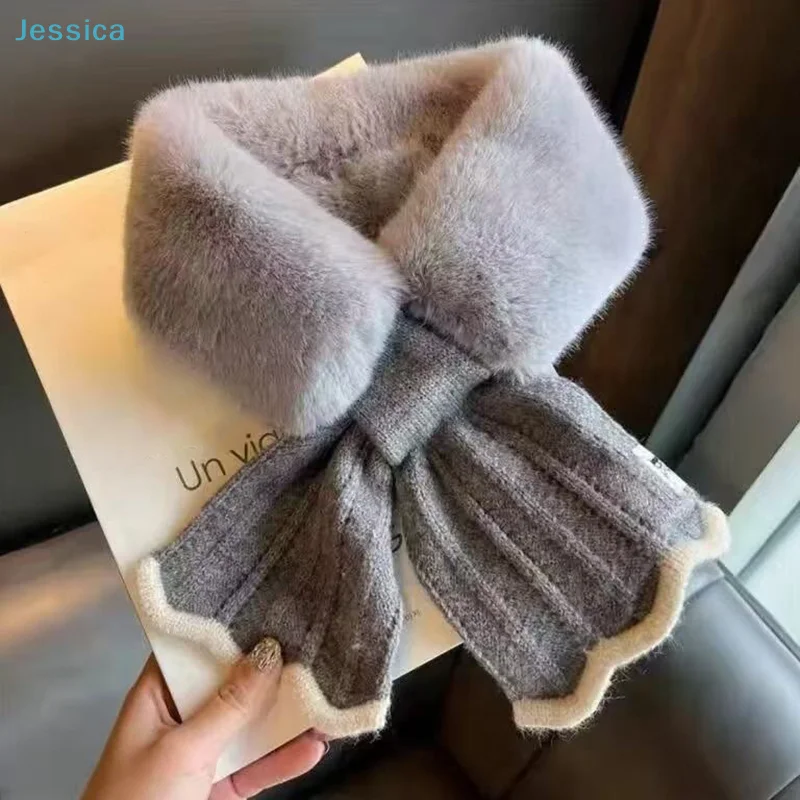 ♥ Solid Color Winter Neck Warmer Faux Rabbit Fur Thicken Cross Collar Scarf Neck Warmer Plush Scarf Cold Weather