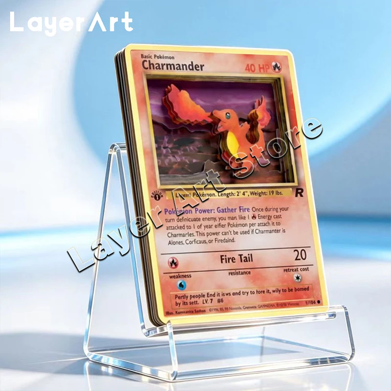 carte-pokemon-3d-en-couches-equipe-rocket-1ere-edition-charmander-n°-1-106-replique-stereo-carte-de-collection-jouets-faits-a-la-main-bricolage
