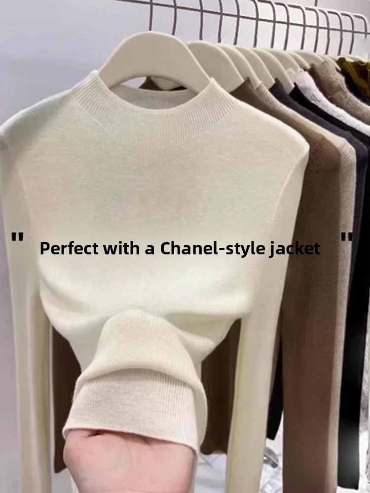 

Slim Fit Long Sleeve Knitted Sweater Women's Half High Collar Fashionable Base Layer Shirt Spring New Style Sweet Style Japanese