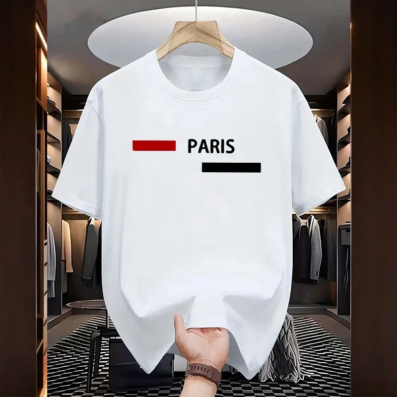 

Summer men's 100% pure cotton loose casual T-shirt, fashionable Parisian letter printed round-neck trendy street sport top
