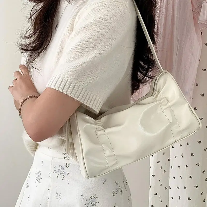 

340D Pleated Underarm Bag Large Capacity Vintage Shoulder Bags for Girl Women Fashion Soft Handbag Solid Color Armpit Bag