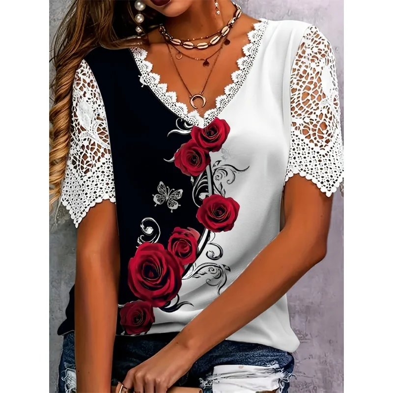 

Summer Women's T-irt Lace Print Patchwork Casual Loose Fit Cotton Polyester ort Sve V-Ne Moisture ng Ladies Top