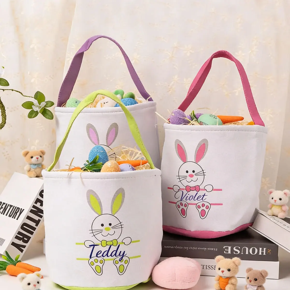 1pc Personalized Printed Name Easter Basket Food Bag Handheld Rabbit Basket, Canvas Storage Basket ，Decor Gift Easter dates