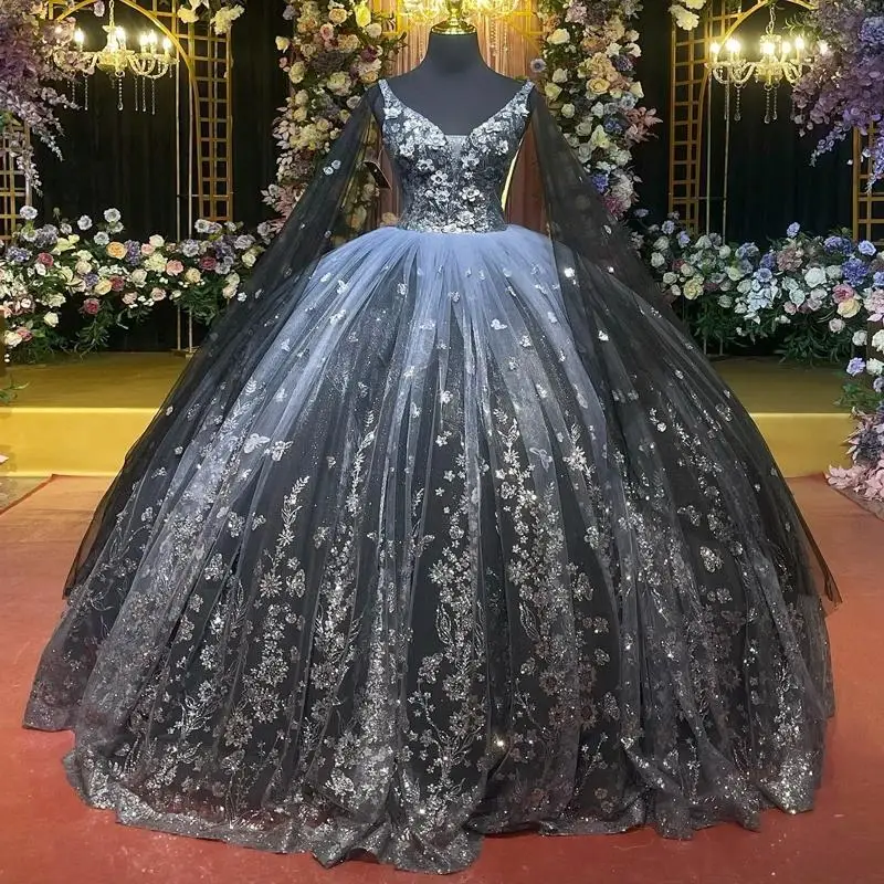 Vestidos de quinceañera de princesa negros brillantes, vestido de baile con hombros descubiertos, vestido dulce 16, apliques de cuentas, tul de encaje, fiesta del 15