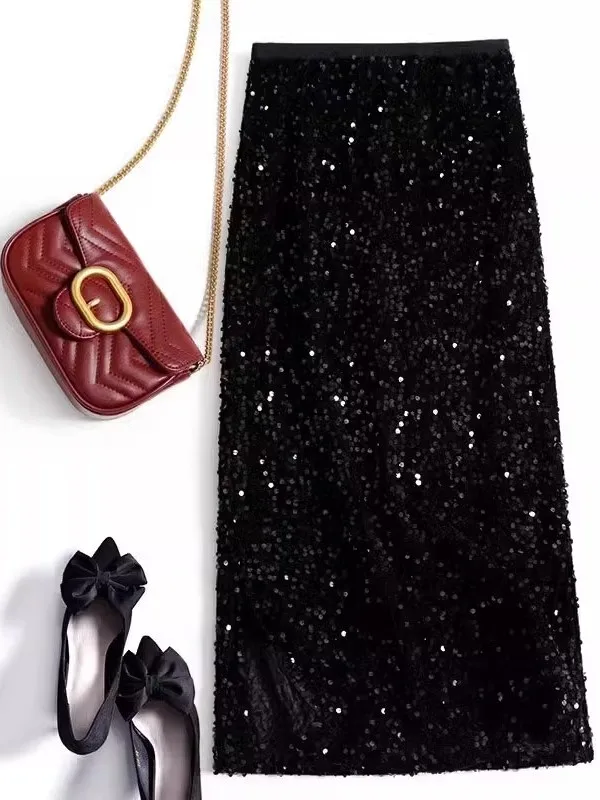 Elegant Black High Waist Casual Sequin Skirt Women's Premium Brand Spring Fashion 2026 New Arrival Commute Style Bodycon Skirt
