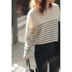 Vintage commuter stripe round neck cashmere sweater for women spring and autumn loose jumper temperament wool base sweater