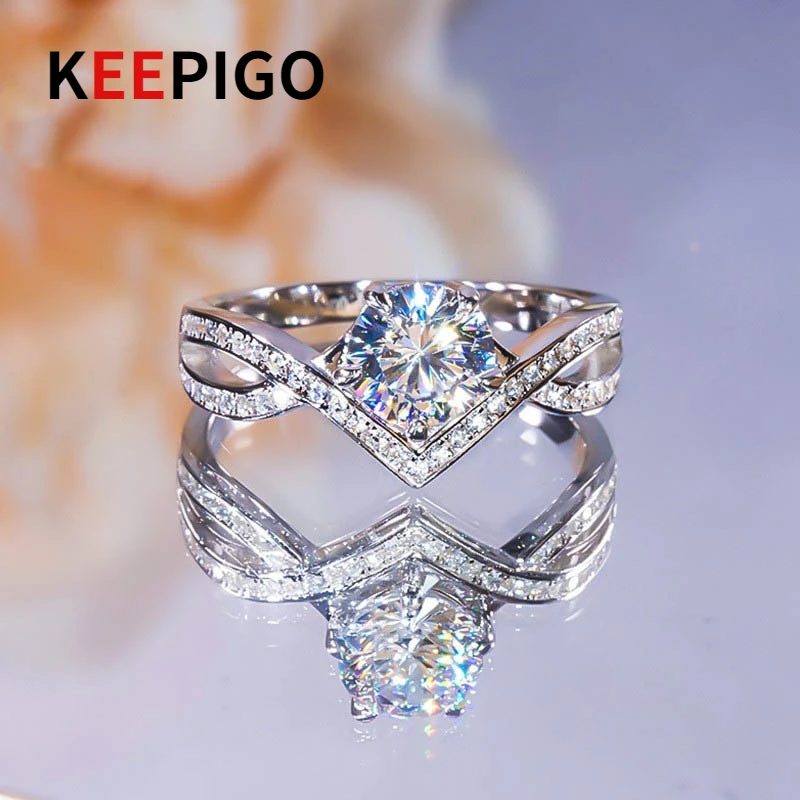 KEEPIGO S925 Sterling Silver V-Shape High Carbon Diamond Six-Claw Rings For Women Sparkling Wedding Fine Jewelry