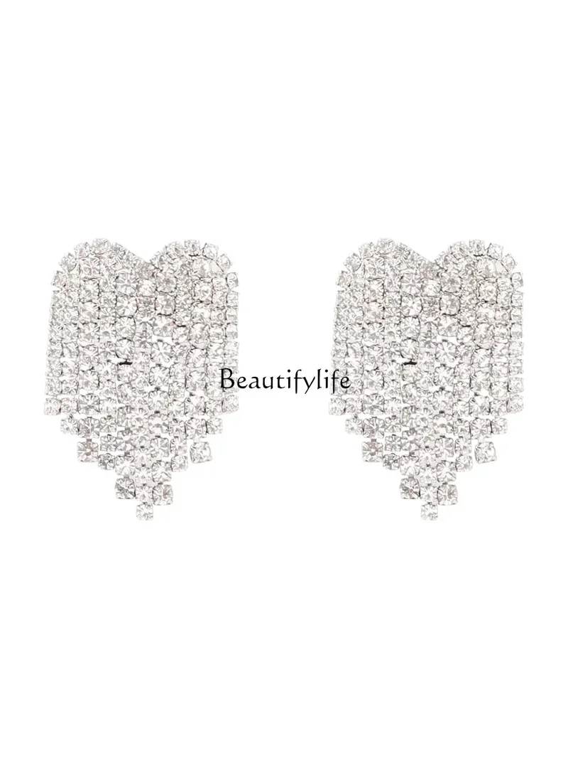 Full diamond temperament love fringed earrings niche high-end long earrings