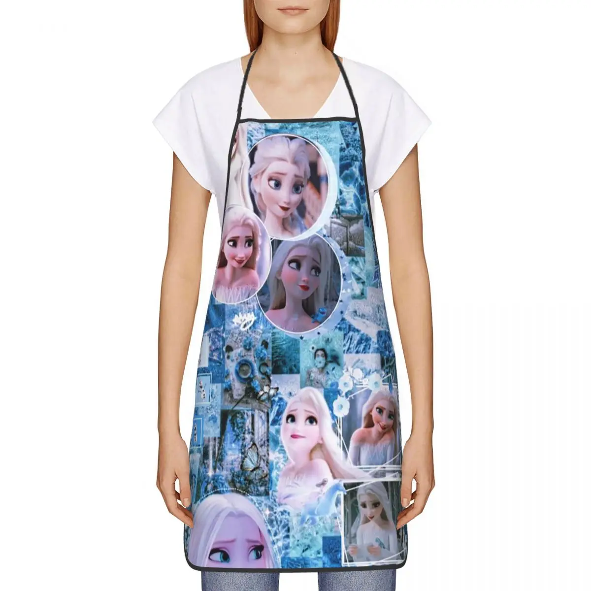 Custom Unisex Frozen Princess Elsa Bib Apron Adult Women Men Chef Tablier Cuisine for Kitchen Cooking Anime Painting