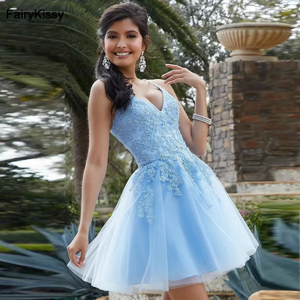 

FairyKissy Light Blue Homecoming Dresses Spaghetti Straps Lace Beading Girls Sweet Graduation Gowns Short Prom Party Vestidos