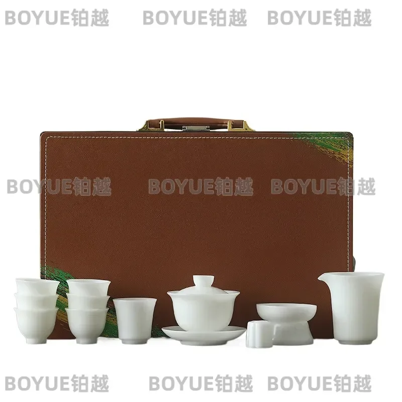 Dehua White Porcelain Kung Fu Tea Set Ice Seed Jade Texture Plain Glaze Teaware Household Gift Full Set for Home Use
