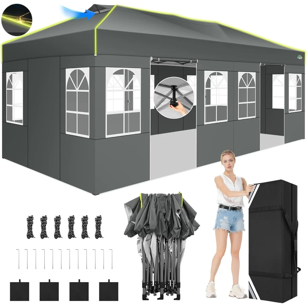 10x20 Pop Up Canopy, One Push Setup Glow Outdoor Tent with 6 Sidewalls, 3 Adjustable Height, Air Vent,Waterproof UPF50+,