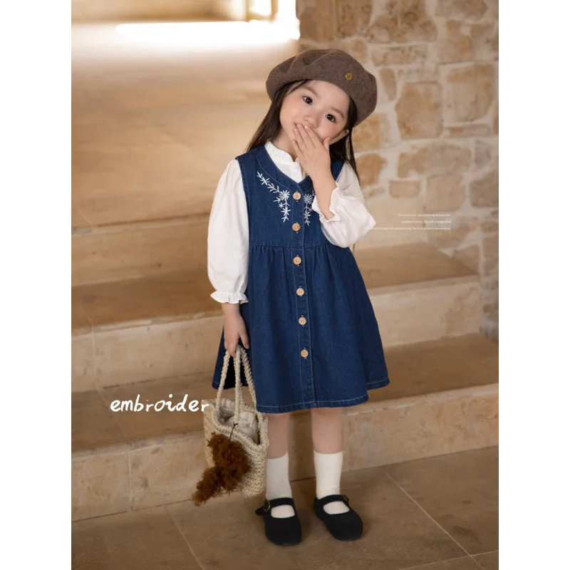 2024Spring New Baby Denim Skirt Suit Long Sleeve Embroidered Vest Skirt Girls' Shirt Dress Two-Piece Set