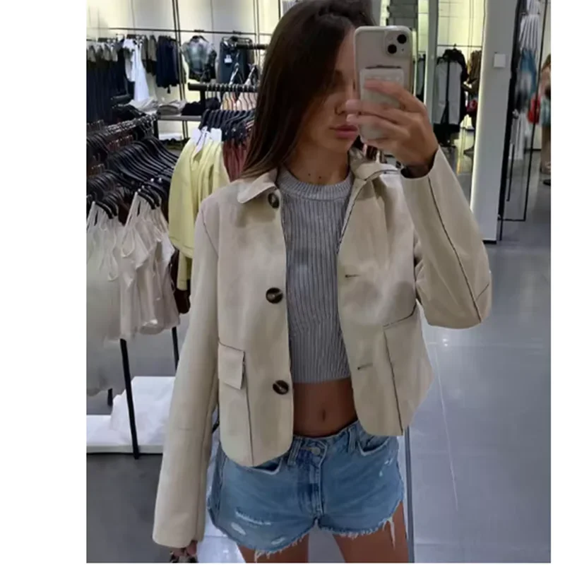 

Spring Autumn Women Suede Jacket Chic Long Sleeve Coat Outerwear Female Elegant Lapel Single-breasted Pockets Bomber Jacket