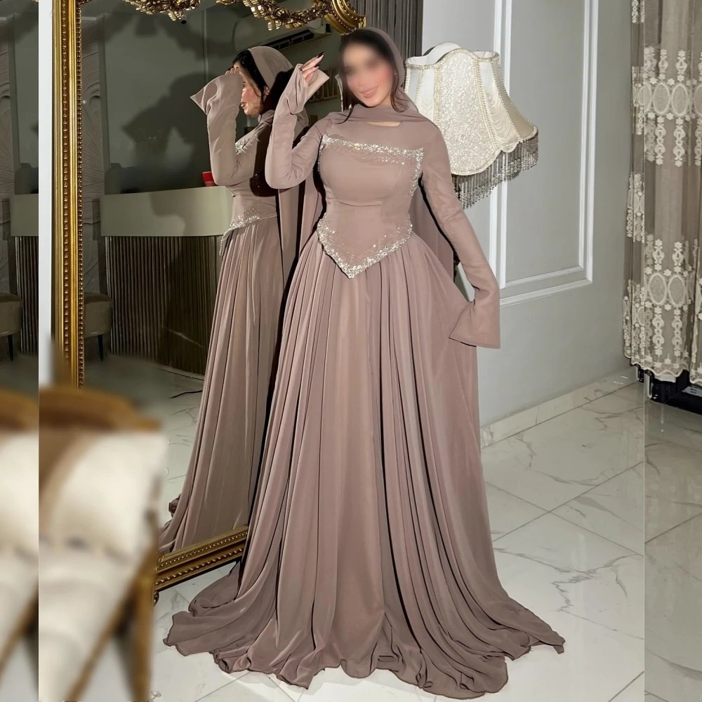 فستان سهرة رسمي مخصص من الشيفون بطيات لامعة ورقبة دائرية على شكل حرف a فساتين طويلة مناسبة مخصصة للحفلات الراقصة وحفلات الزفاف الأنيقة #1