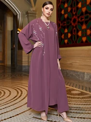 Autumn Muslim Party Dress for Women Abaya 2 Piece Set Diamond Jalabiya Ramadan Long Dresses Woman Lace-up Vestidos Robe 2023