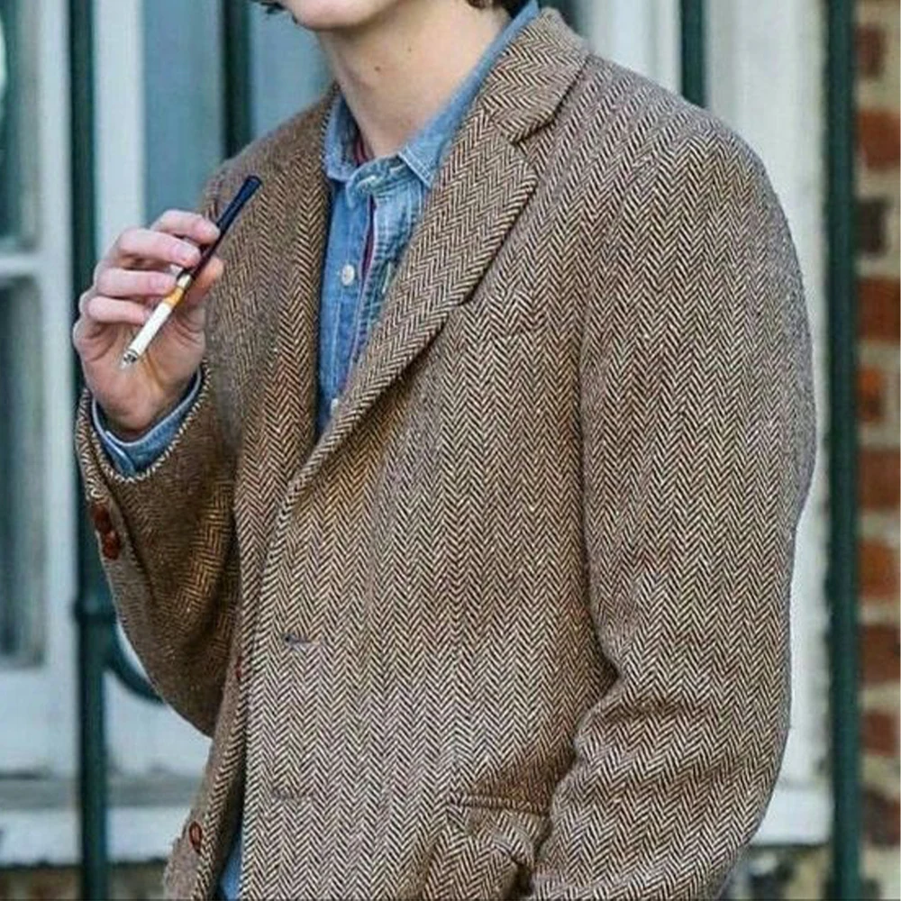 Notched Lapel Coat Men's Coats Herringbone Suit Jackets Outerwear Casual Man Daily Flap Pockets Male Dress Up Clothes Spring