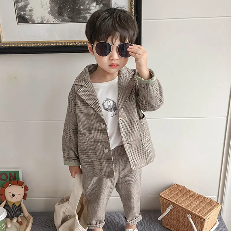 Plaid Formal wear Thin Outerwear Spring Autumn children\'s clothing Suit Kids Clothes Boys V-Neck Tops + pants 2 piece set