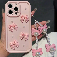 Korea 3D Bowknot Pearl Silicone Phone Case For iPhone 16 15 14 13 12 11 Pro Max XR XS X Max 16E 7 8 Plus With Lanyard Soft Cover