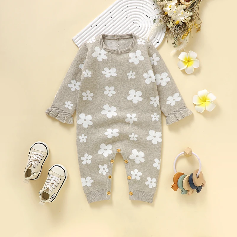 Baby Rompers Newborn Netural Floral Pattern Jumpsuits Clothes Spring Autumn Winter Infant Boys Girls Outwear Knit Playsuit 0-18m