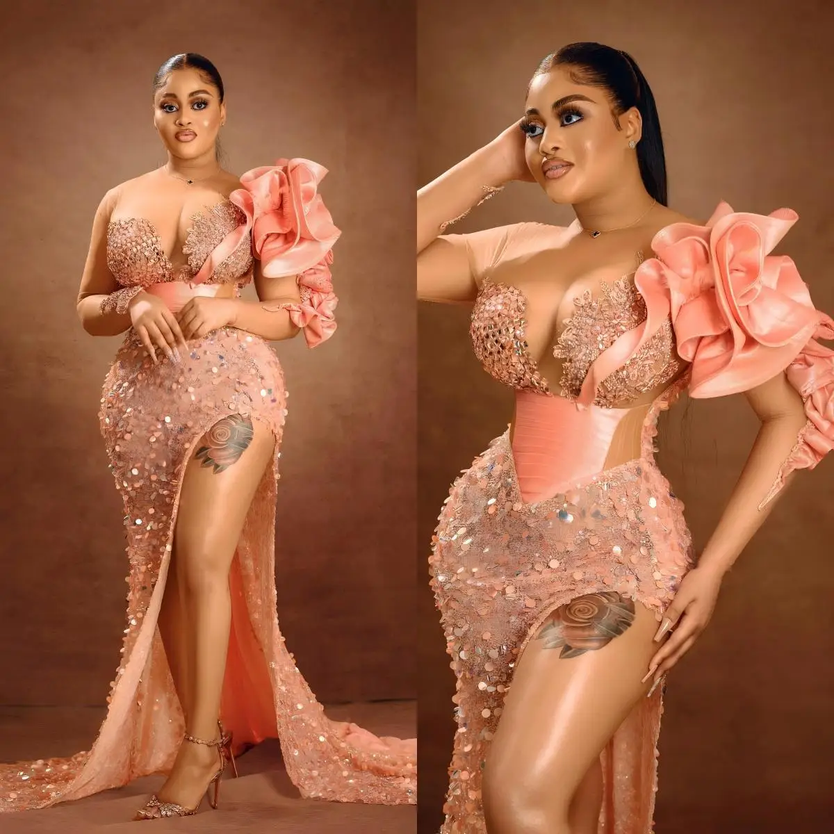 Illusion 3D Floral Evening Gown Deep V Sequin High Slit Train Plus Size Dress For Prom Birthday Red Carpet Customized