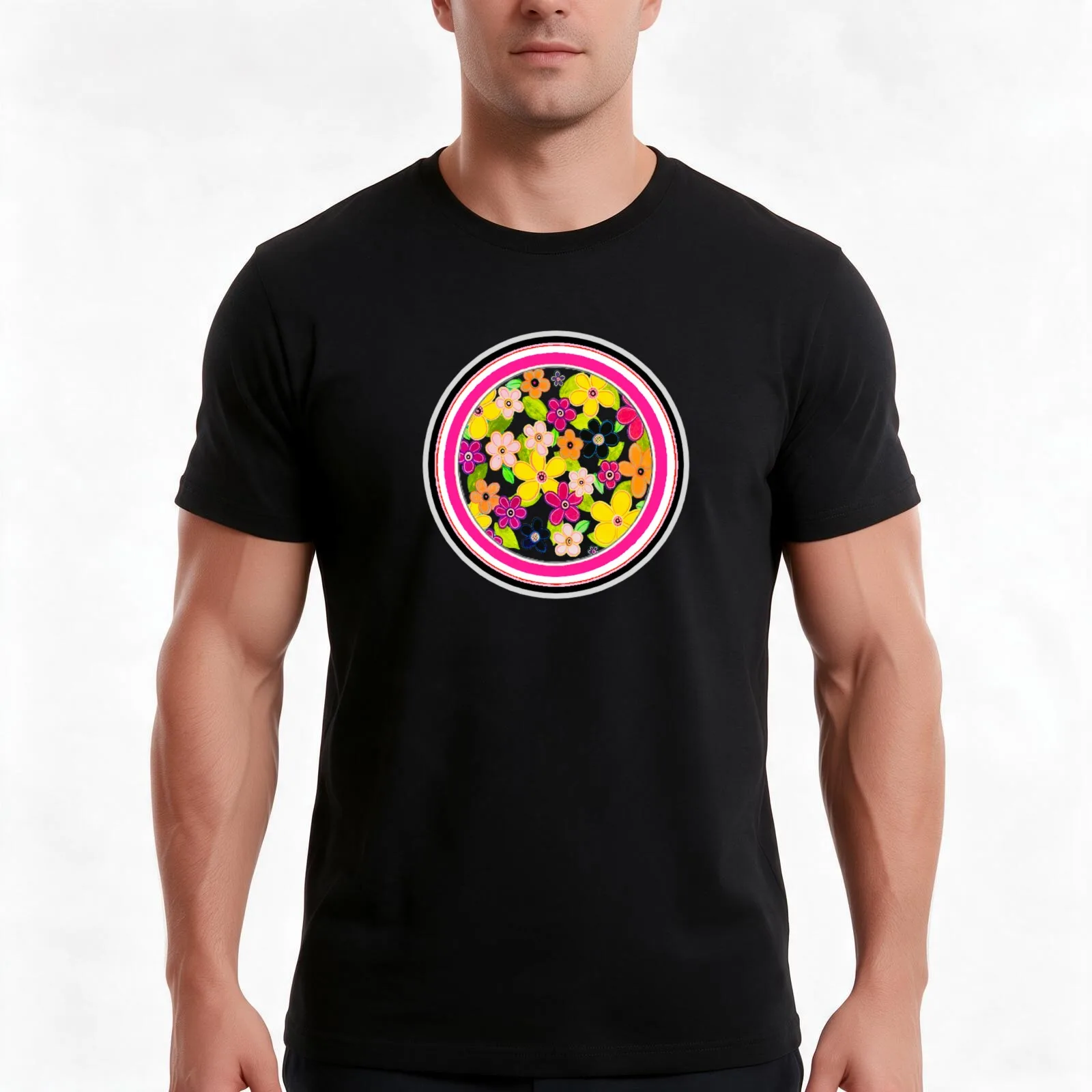Bright Flowers In Frame T-Shirt, Summer Casual Cotton Tee, Oversized Streetwear Tops, Vintage Graphic Print, Unisex Men Women