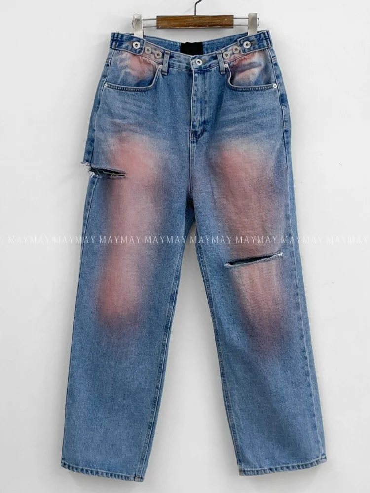 Imagem -05 - Moda Feminina Gradiente Buraco Denim Calças 2023 Primavera Verão Nova Maré Streetwear Cintura Alta Bolsos Jeans Tie Dye Calças Y273