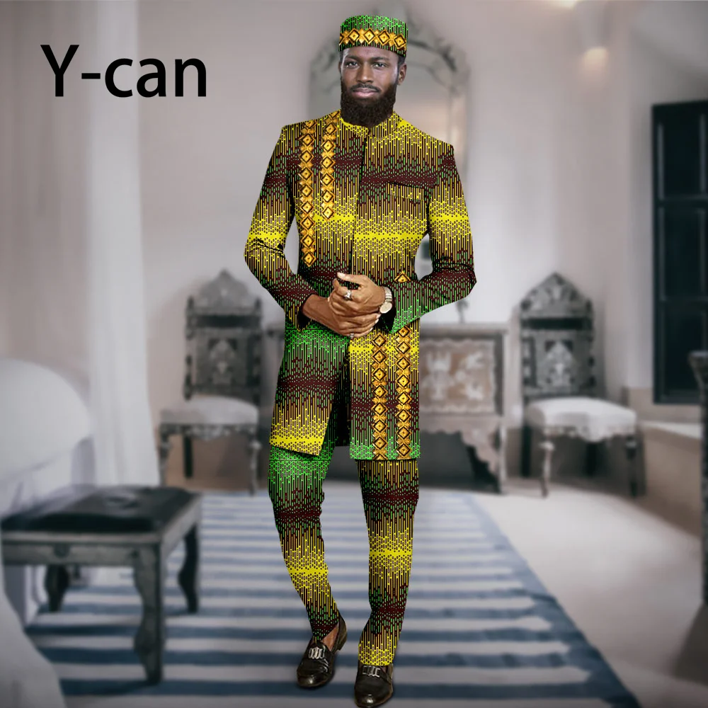 African Men Clothing 3 Piece Suits Set Embroidery Jacket and Trousers Match Muslim Caps Coat Men Outfits Party Wedding A2316069