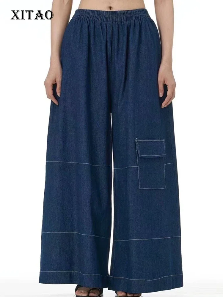

XITAO Elastic Waist Pocket Open Wire Pant Loose Fitting Wide Leg Solid Color Fashion Korea Slimming Spring Female Pant GMM1359