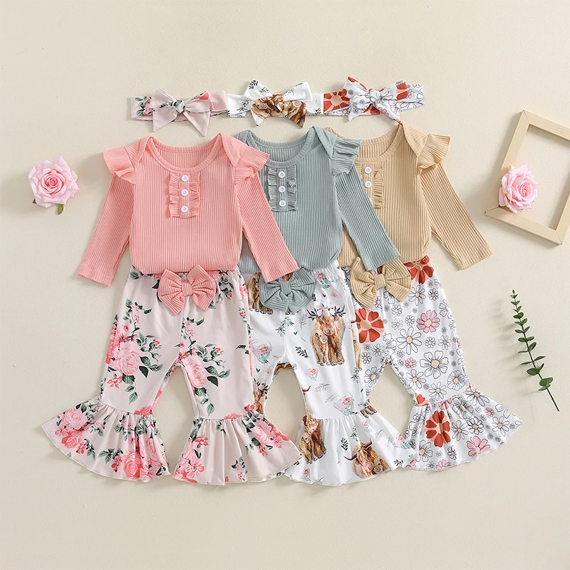 Baby Clothing Girls Floral Outfits Long Sleeve Romper + Bow Flare Pants + Headband Set Newborn Clothes