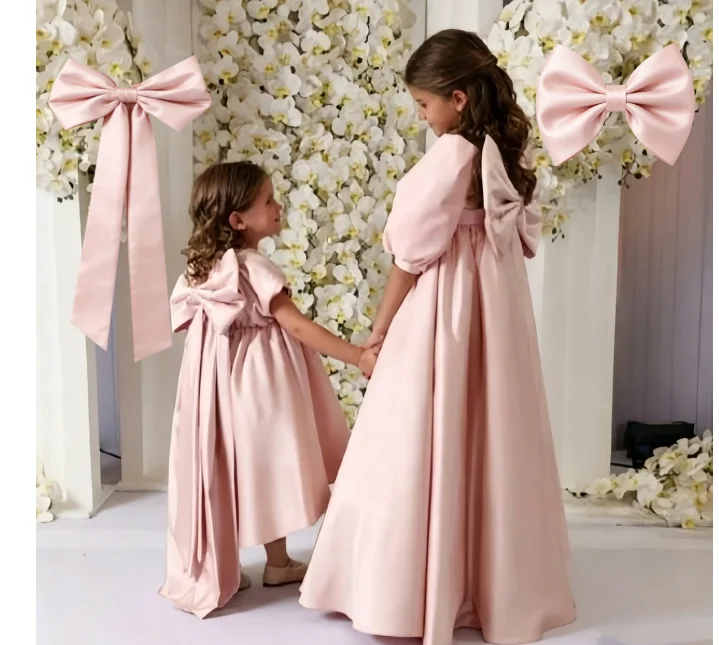 Customisable Elegant Flower Girl Dress Quality Pink Satin Fluffy Big Bow For Kids Wedding Birthday Party Evening Ball Gowns image 6