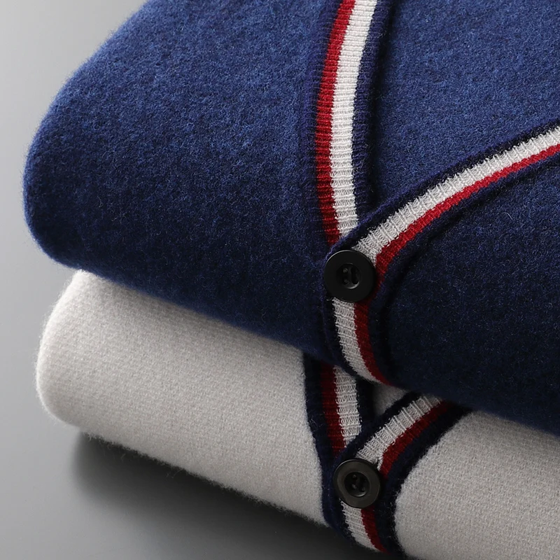 New Men's V-neck Cardigan 100% Merino Wool Sweater Shirt Spring Autumn Winter Cosy Color-Matching Cashmere Knitwear Shirt Tops