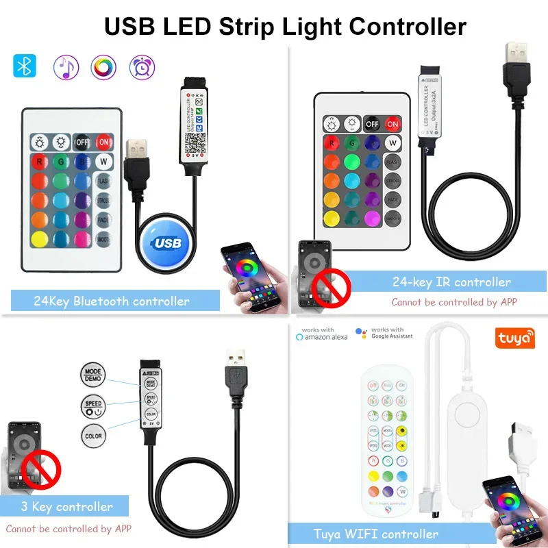 

USB Bluetooth WIFI LED Strip RGB Controller IR Remote Dimmer Music Phone APP Control Brightness Adjust for 5050 2835 Tape Light