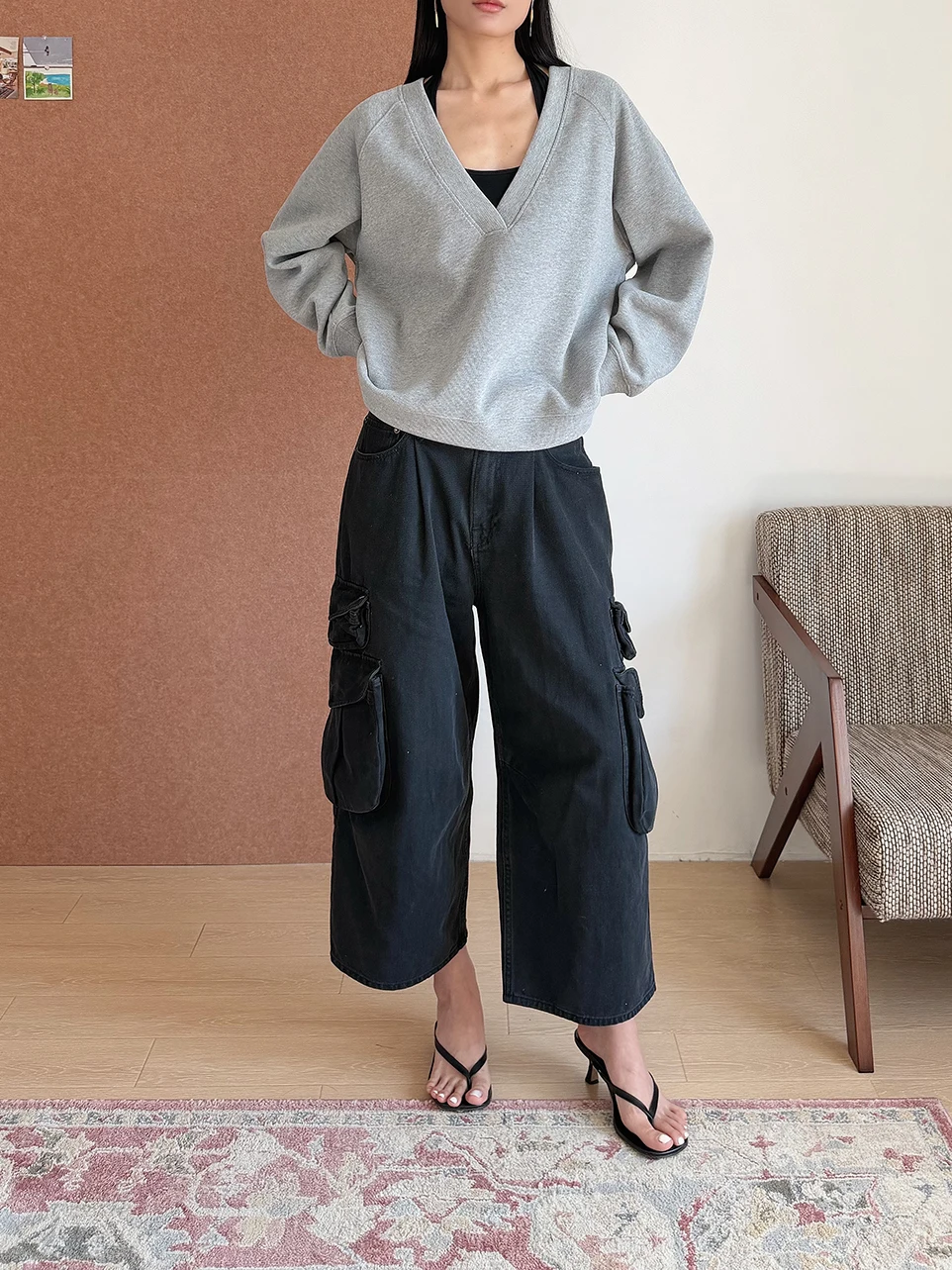 

HIGHLIFE Spring Summer Loose Casual Versatile Deep V Grey Striped Sweatshirt American Lazy Style Women's Fashion Sweatshirt