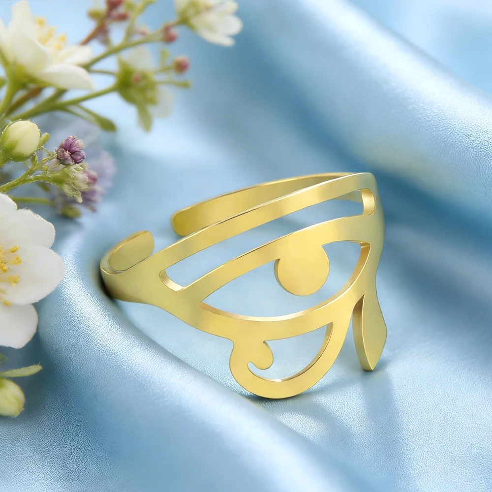 Dawapara Eye of Horus Women Ring Resizeable Egyptian Symbol Protection Health Amulet Stainless Steel Religious Jewelry