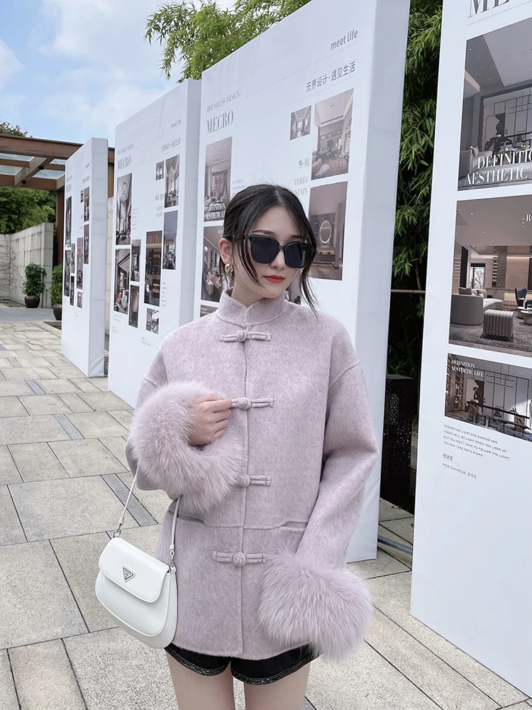 Chinese style coil buckle double-sided cashmere coat for women with light purple new Chinese hair cuffs short wool coat