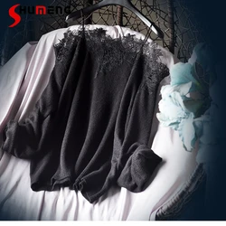 Chic Lace Sexy Fairy Ladies' Fashion Shoulder Exquisite Embroidered Lace Sling Off-Shoulder Sweater Pullovers Women's Clothing