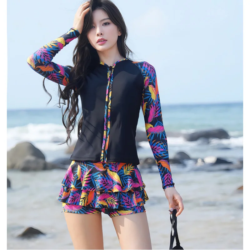 

Женская рубашка из двух предметов с длинными рукавами + юбка, скромные купальники, платье на молнии, купальный костюм, юбка, солнцезащитный костюм, купальный костюм