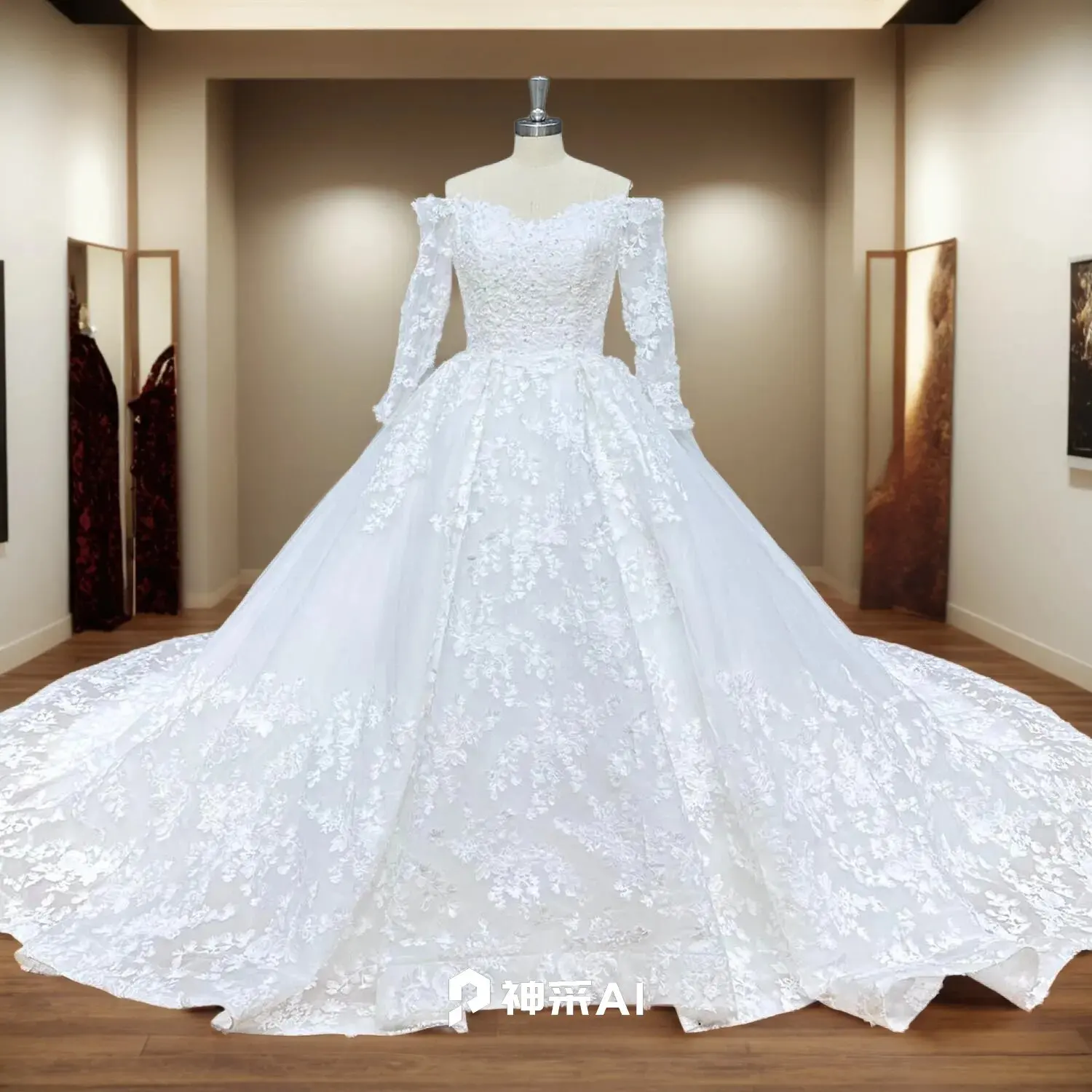 

Hire Lnyer Off The Shoulder Long Sleeve Sweetheart Neck Lace Up Back Super Gorgeous Ball Gown Wedding Dress With Long Train