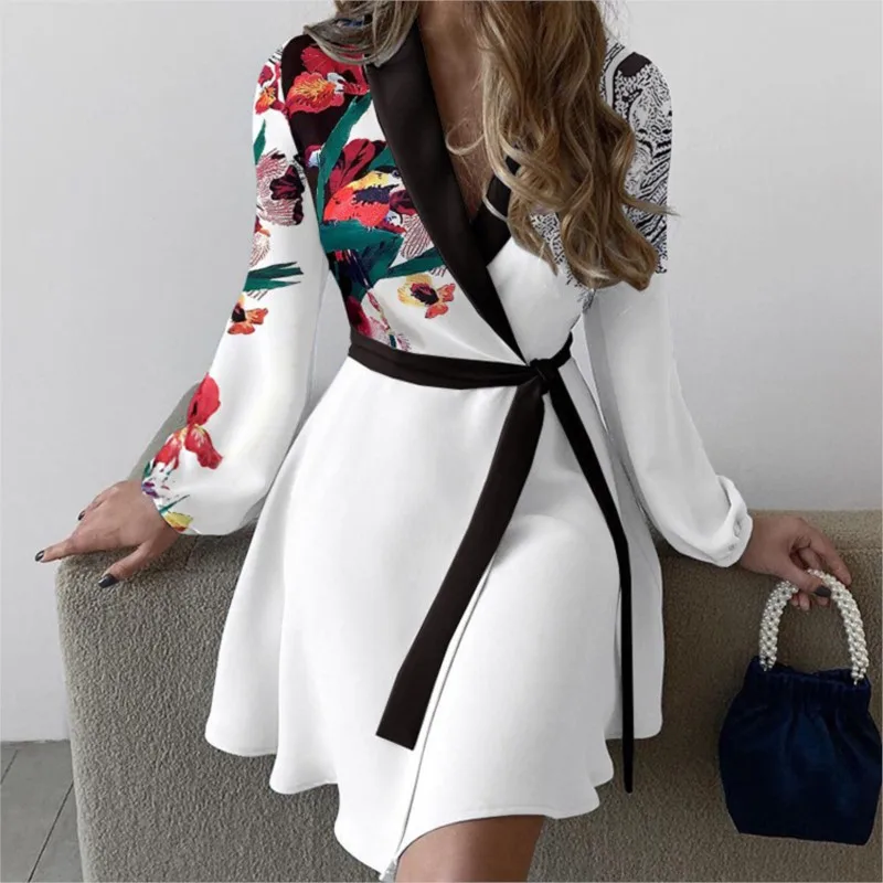 

Women Summer Style One-piece Color Blocked Lace Up Dress With V-neck Long Sleeved High Waisted Lace Up Retro Floral Short Skirt