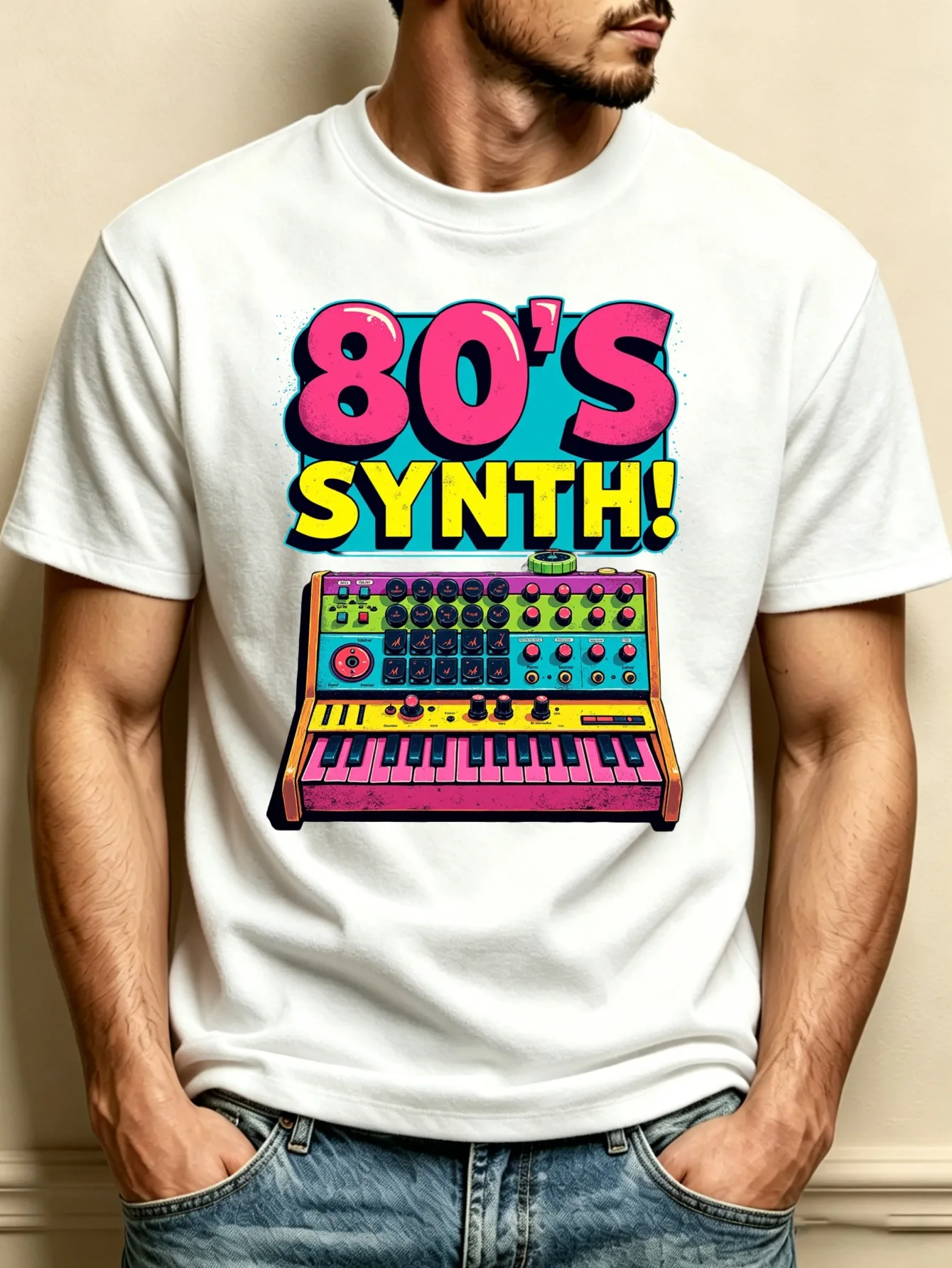 Retro 80S Synth Music Theme Men's Crew Neck T-Shirt, Loose Fit, Stylish and Versatile, Soft and Comfortable Fabric, Suitable for Everyday Wear and Holiday Gifts, 80S Synth Wave Design, Perfect for Music Lovers, Party Season, Summer, and Ideal Gift for Musicians