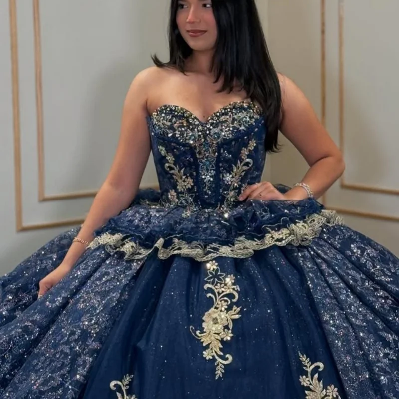 

Customized Shiny dark blue Quinceanera Dresses Off the Shoulder crystal decal Lace layering Long tail Vestido 15 Quinceanera