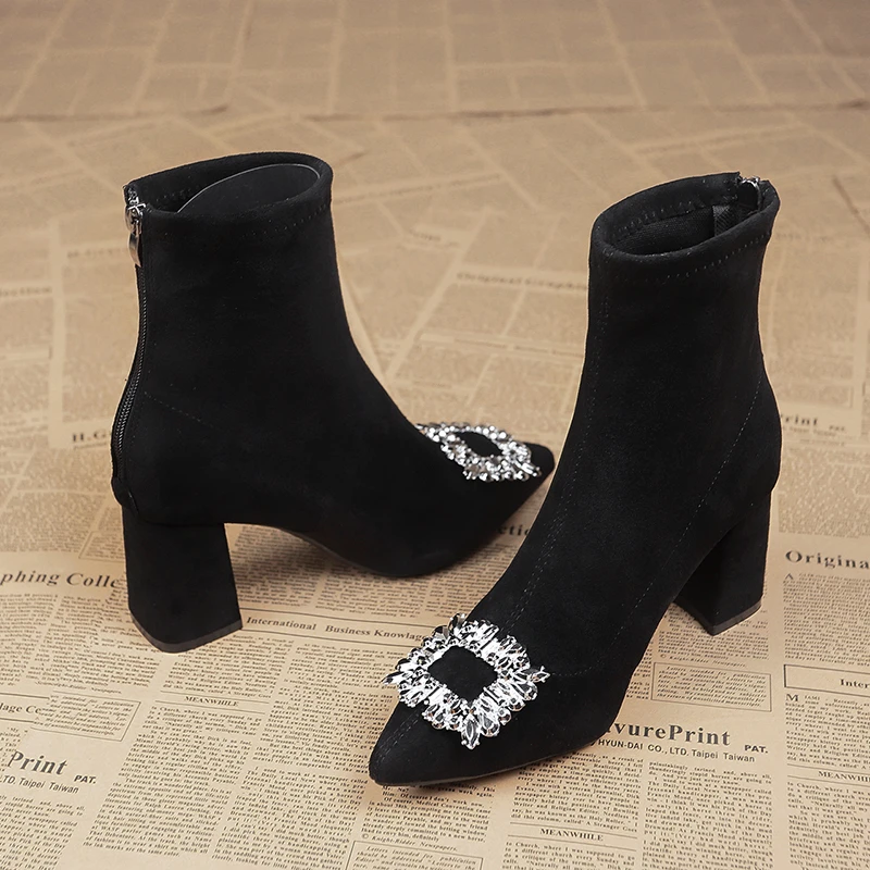 

New Black Ankle Boots Women Fashion High-heeled Pumps Pointed Flock Boots Spring Autumn Rhinestone Short Boots