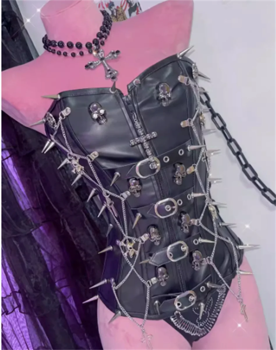 

Y2K Spicy Girl Abby Punk Skull Rivet Buckle Chain PU Leather Sexy Fashion Tank Top Tops