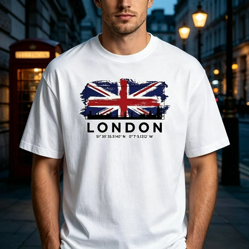 LONDON UK Flag Print Men T-Shirt 100% Cotton Short Sleeve British City Coordinates Graphic Tee For Street Casual Travel Wear