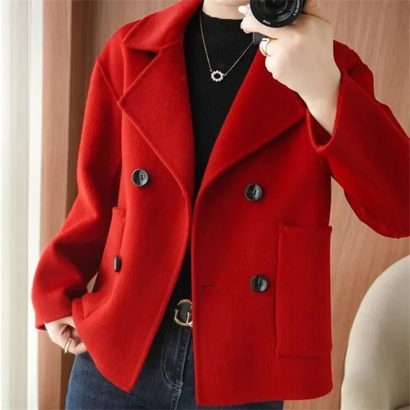 Autumn Winter 2025 New Double-sided Woolen Coat Women Short Loose Double-Breasted Cashmere Wool Jacket Overwear Female Tops