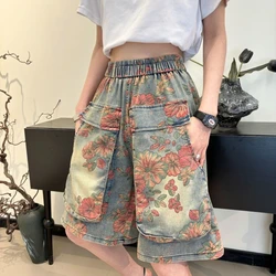 Printed Denim Shorts for Summer Outerwear Summer New Western-style Wide Fashionable Retro Loose Slimming and Trendy Pants
