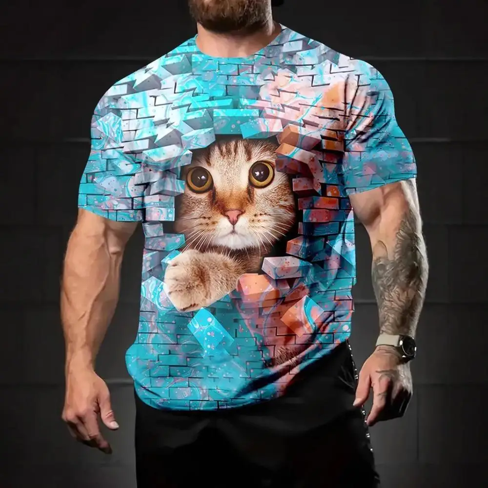 Men Colorful Splash Art Cat 3D Print Crew Neck Short Sleeve T-Shirt Multi Color Animal Casual Tops