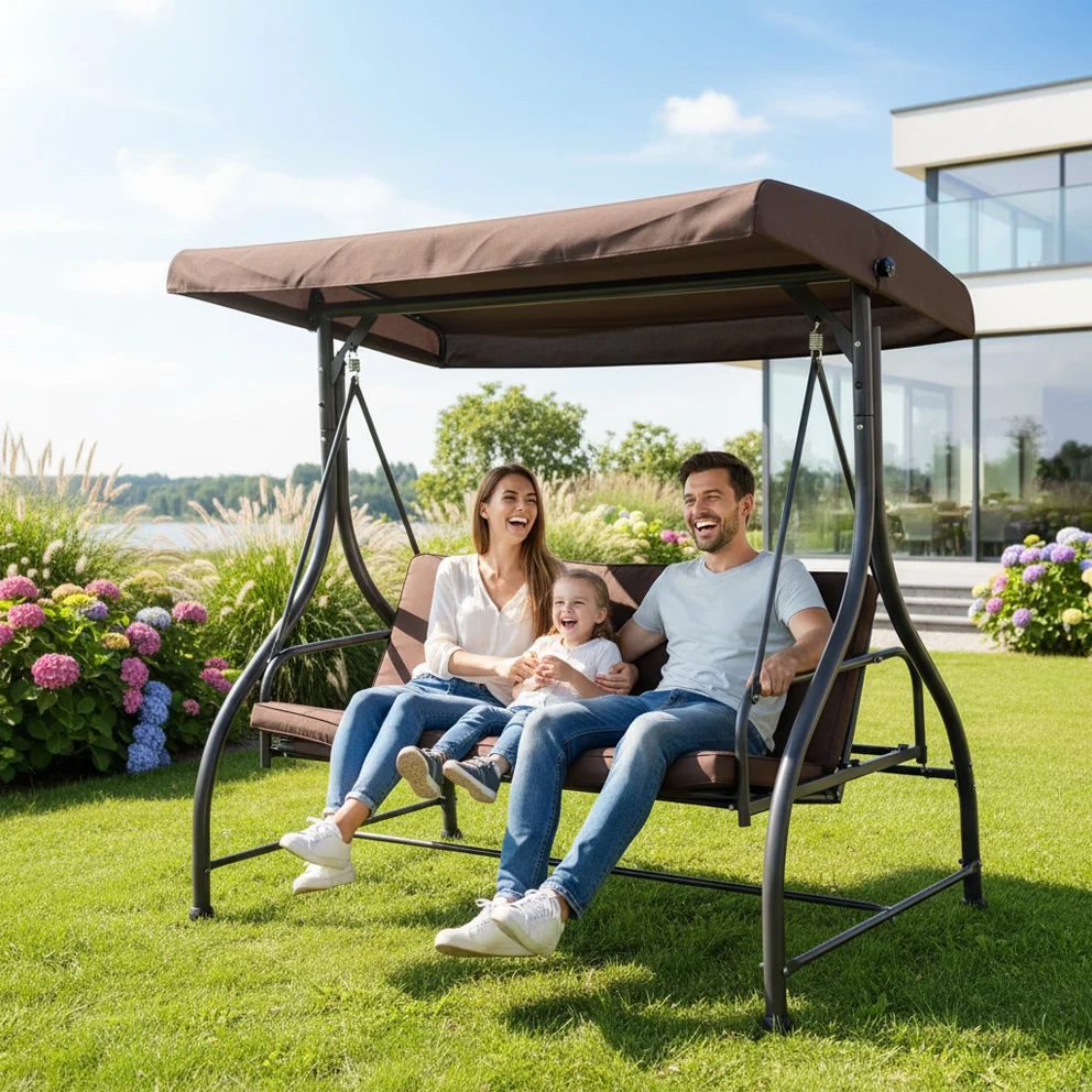 

Outdoor Garden Courtyard Furniture 3 Seater Garden Brown Metal Swing Chair Bed Porch Swing Canopy