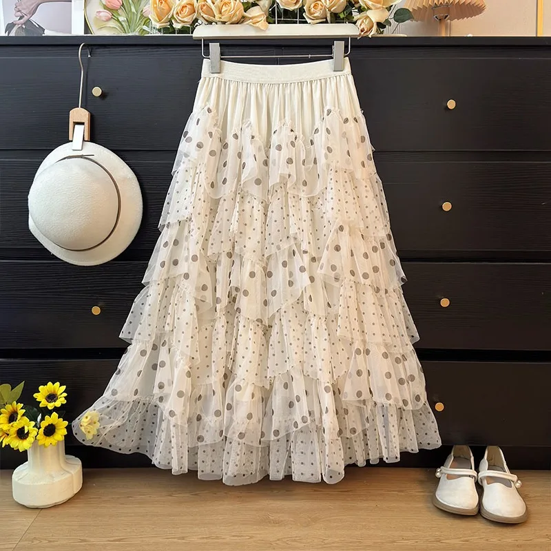 Women's Beige Polka Dot Ruffle Tiered Cake Maxi Skirt High Waist Flowy Mesh A-line Skirt Countryside Garden Sweet Fairy Outfits